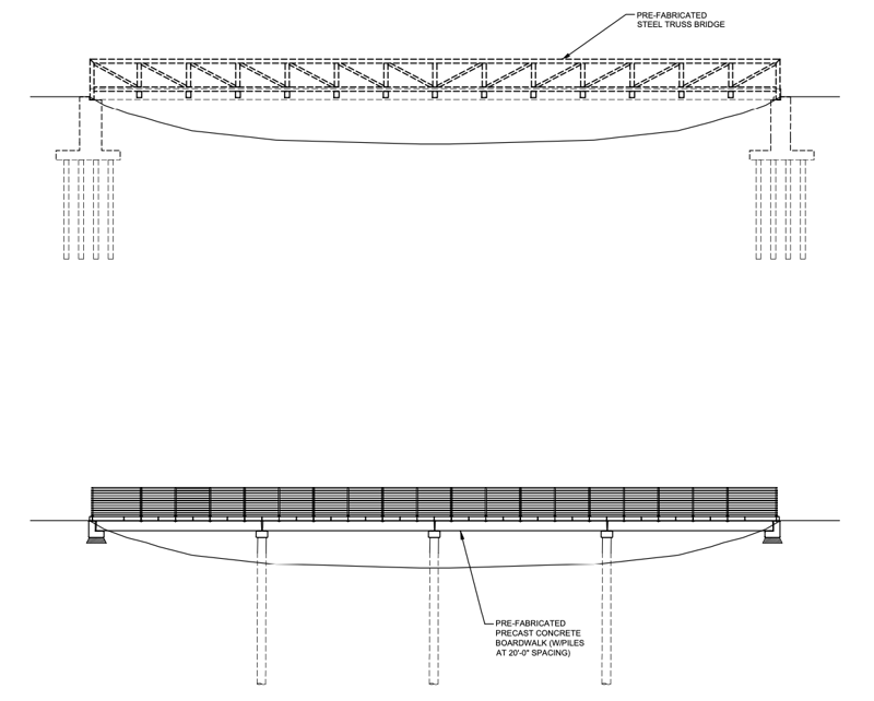 Boardwalk drawing showing foundation supports for truss bridge and concrete boardwalk